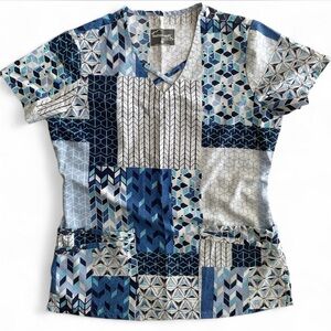 Patchwork Blue and Gray Scrub Top